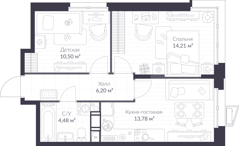 2-комнатная квартира, 49.17 м² - планировка, фото №1