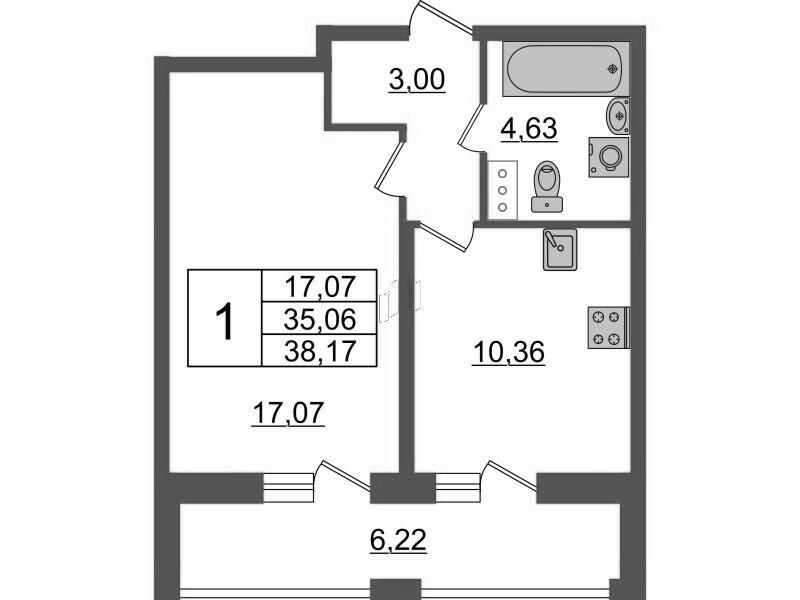 1-комнатная квартира, 38.17 м² - планировка, фото №1