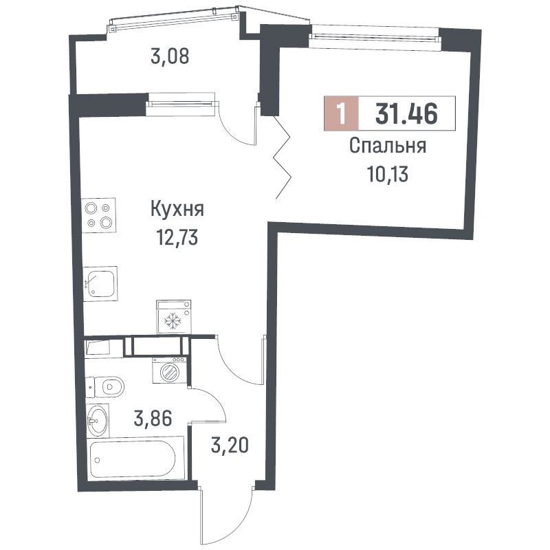 1-комнатная квартира, 31.46 м² в ЖК "Авиатор" - планировка, фото №1