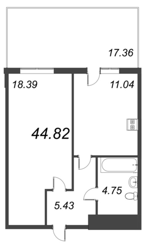 1-комнатная квартира, 44.82 м² - планировка, фото №1