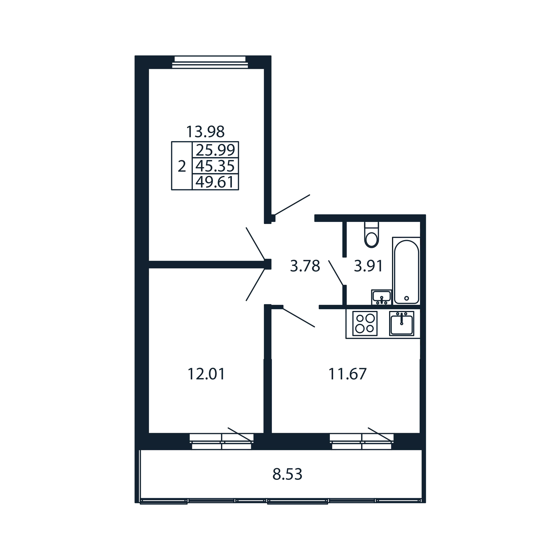 2-комнатная квартира, 45.35 м² в ЖК "Полис Новоселье" - планировка, фото №1