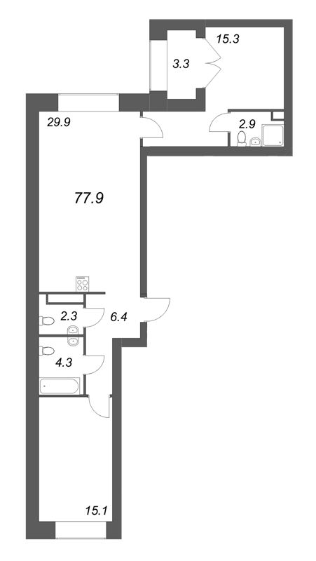 3-комнатная (Евро) квартира, 77.9 м² в ЖК "Наука" - планировка, фото №1