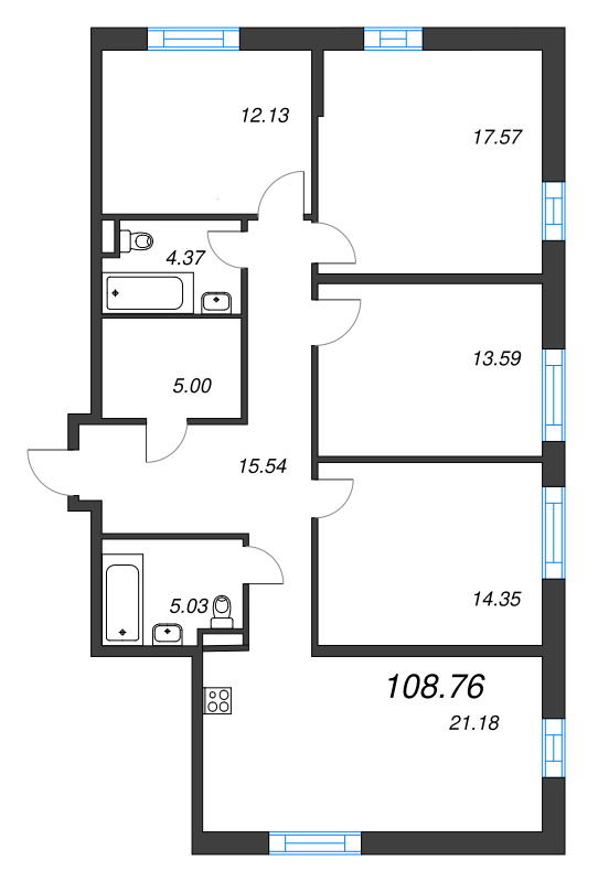 5-комнатная (Евро) квартира, 108.76 м² - планировка, фото №1