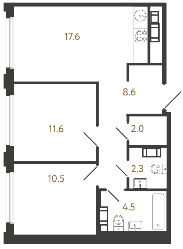 3-комнатная (Евро) квартира, 57.1 м² в ЖК "Гений" - планировка, фото №1
