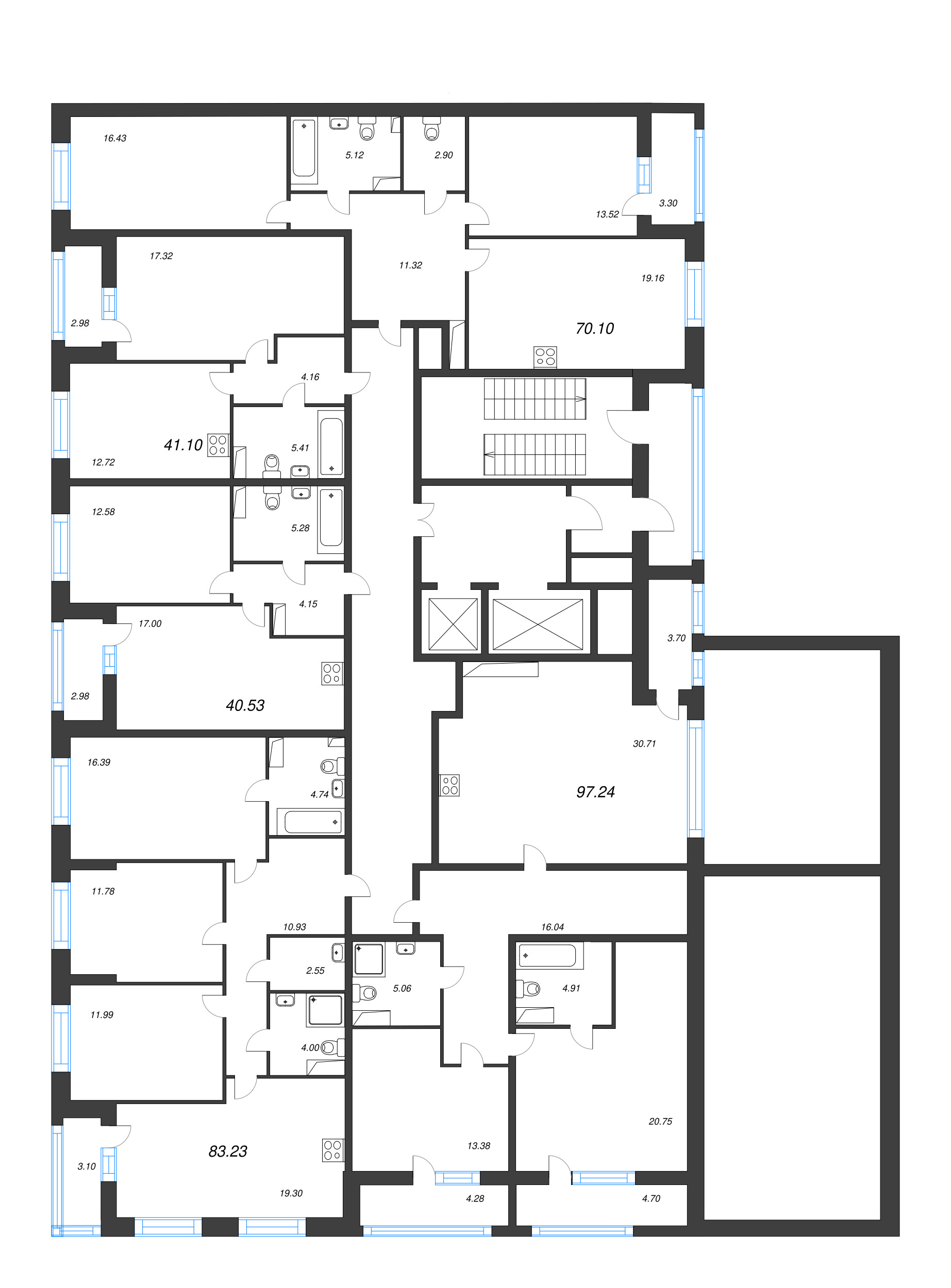 3-комнатная (Евро) квартира, 70.1 м² в ЖК "Аквилон Leaves" - планировка этажа