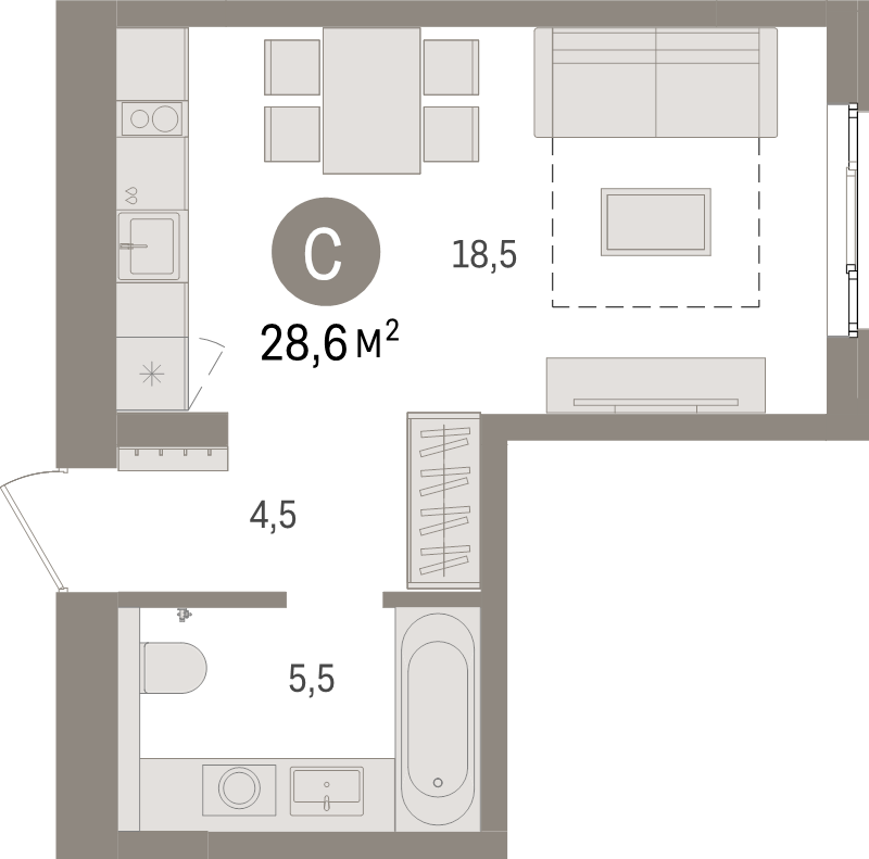 Квартира-студия, 28.6 м² в ЖК "Брусника в Новоселье" - планировка, фото №1