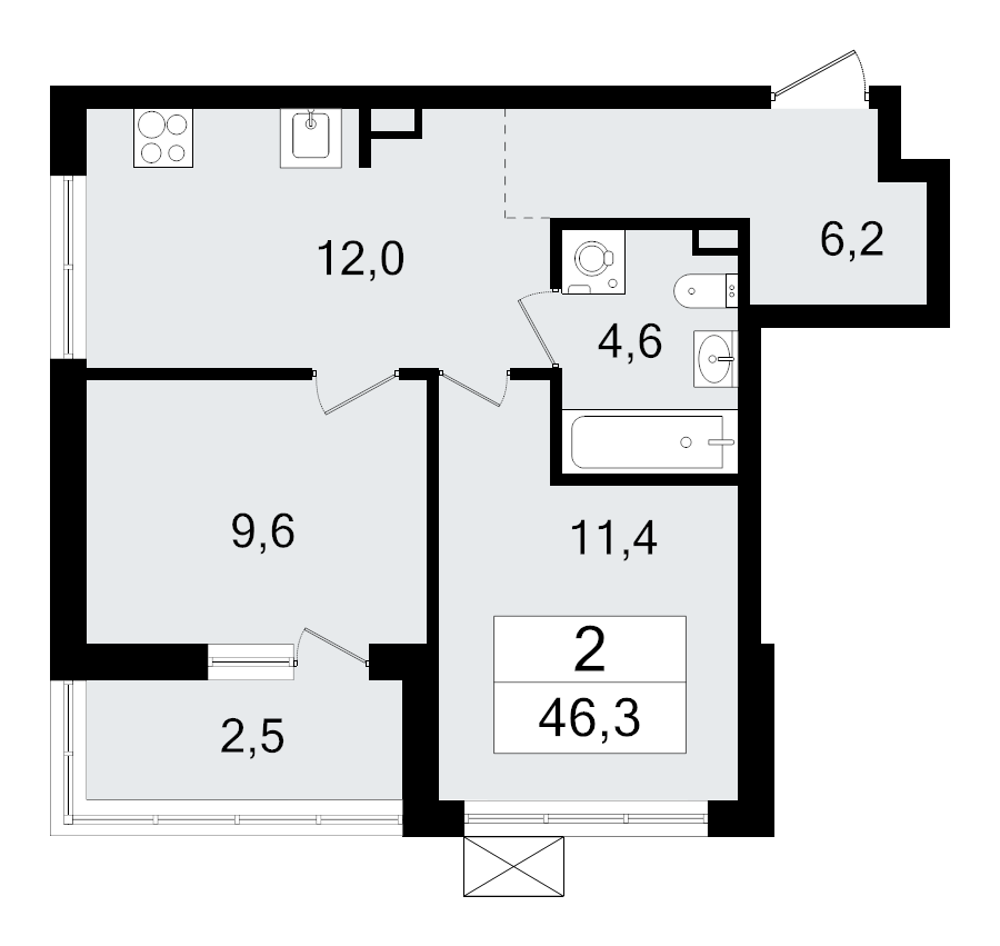 2-комнатная квартира, 46.3 м² - планировка, фото №1