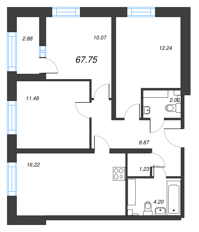 4-комнатная (Евро) квартира, 67.75 м² - планировка, фото №1