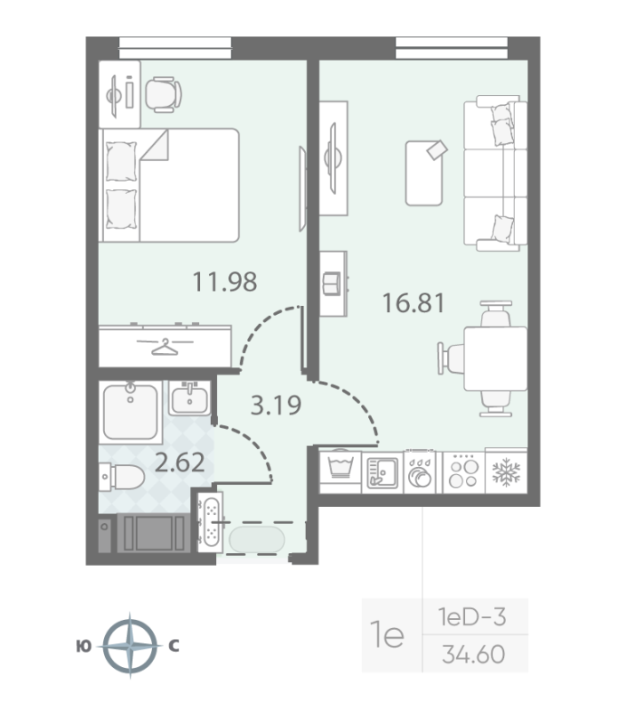 1-комнатная квартира, 34.6 м² в ЖК "Морская миля" - планировка, фото №1