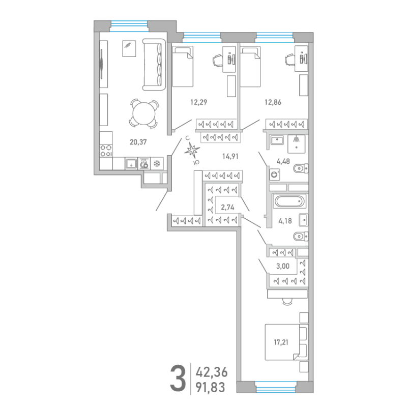 4-комнатная (Евро) квартира, 91.83 м² - планировка, фото №1
