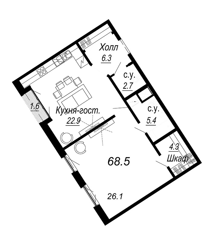 2-комнатная (Евро) квартира, 67 м² - планировка, фото №1