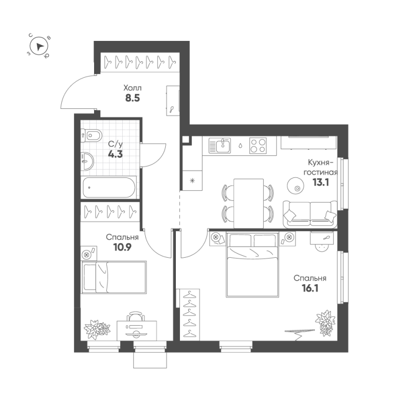 2-комнатная квартира, 52.9 м² в ЖК "Ягодное Река Парк" - планировка, фото №1