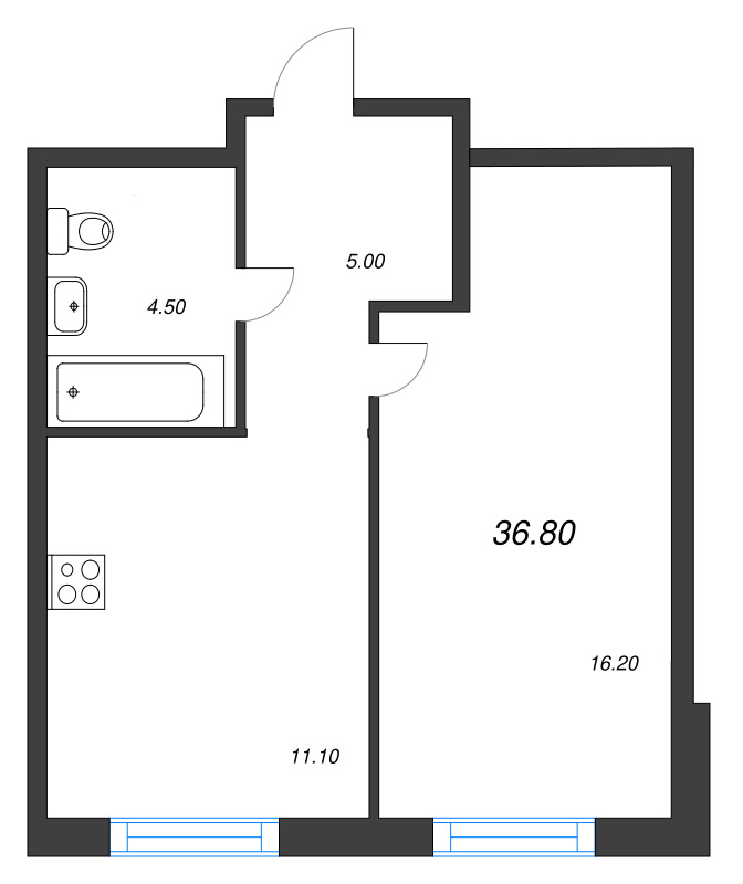 1-комнатная квартира, 36.8 м² в ЖК "Ягодное Река Парк" - планировка, фото №1