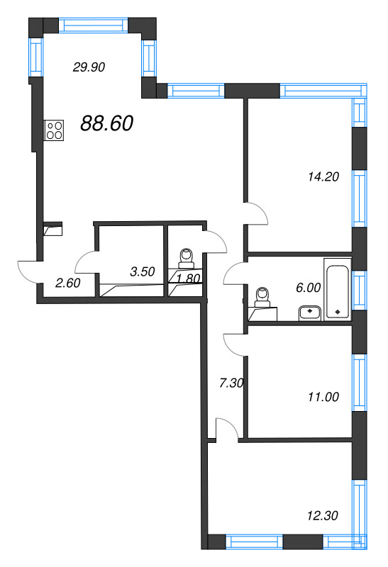 4-комнатная (Евро) квартира, 88.6 м² в ЖК "Легенда на Охте" - планировка, фото №1