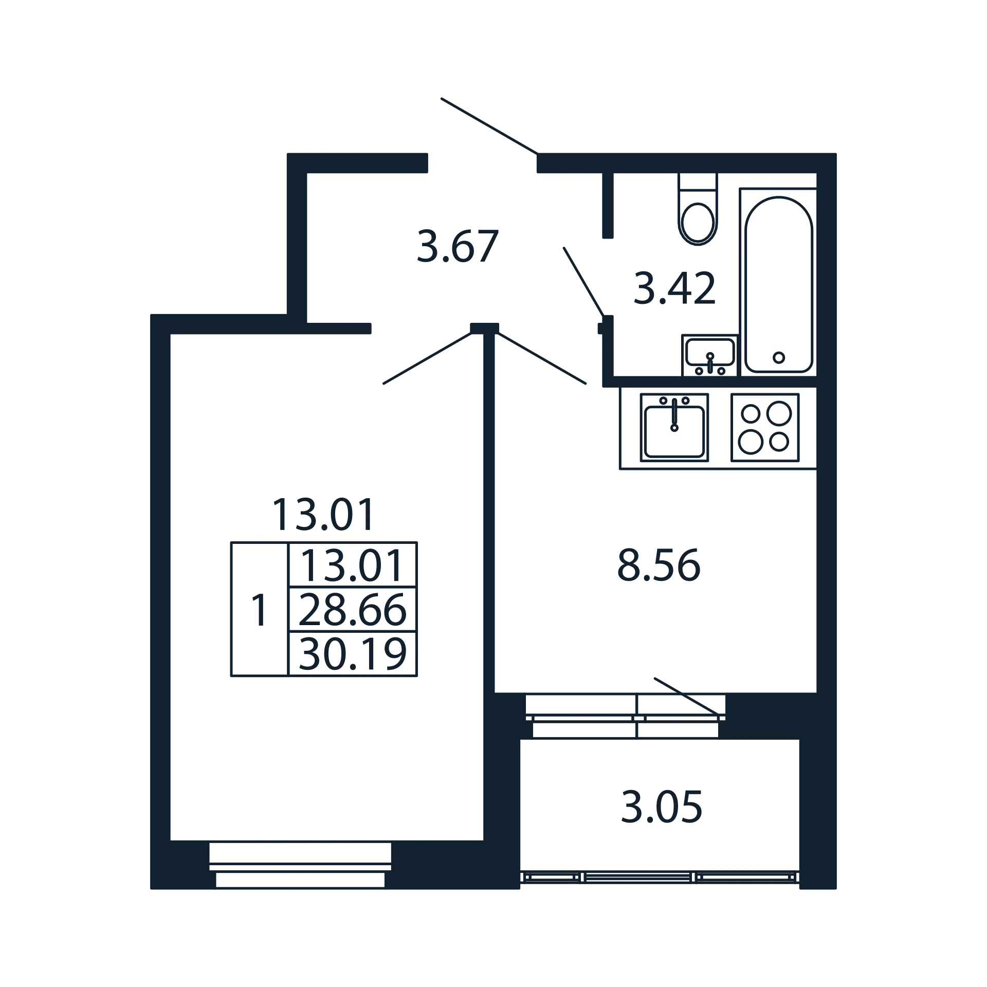 1-комнатная квартира, 28.66 м² в ЖК "Полис Новоселье" - планировка, фото №1