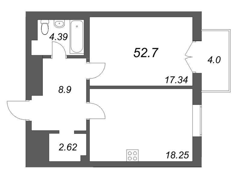 2-комнатная (Евро) квартира, 52.7 м² в ЖК "Фонтанка 130" - планировка, фото №1
