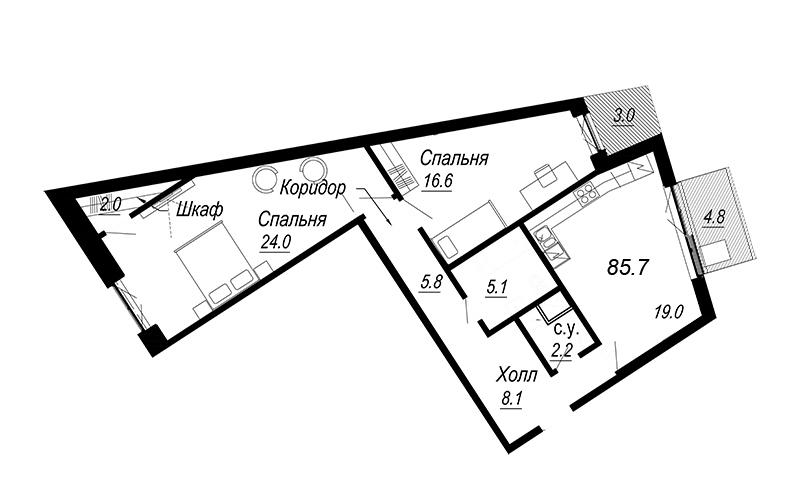 3-комнатная (Евро) квартира, 84.6 м² - планировка, фото №1
