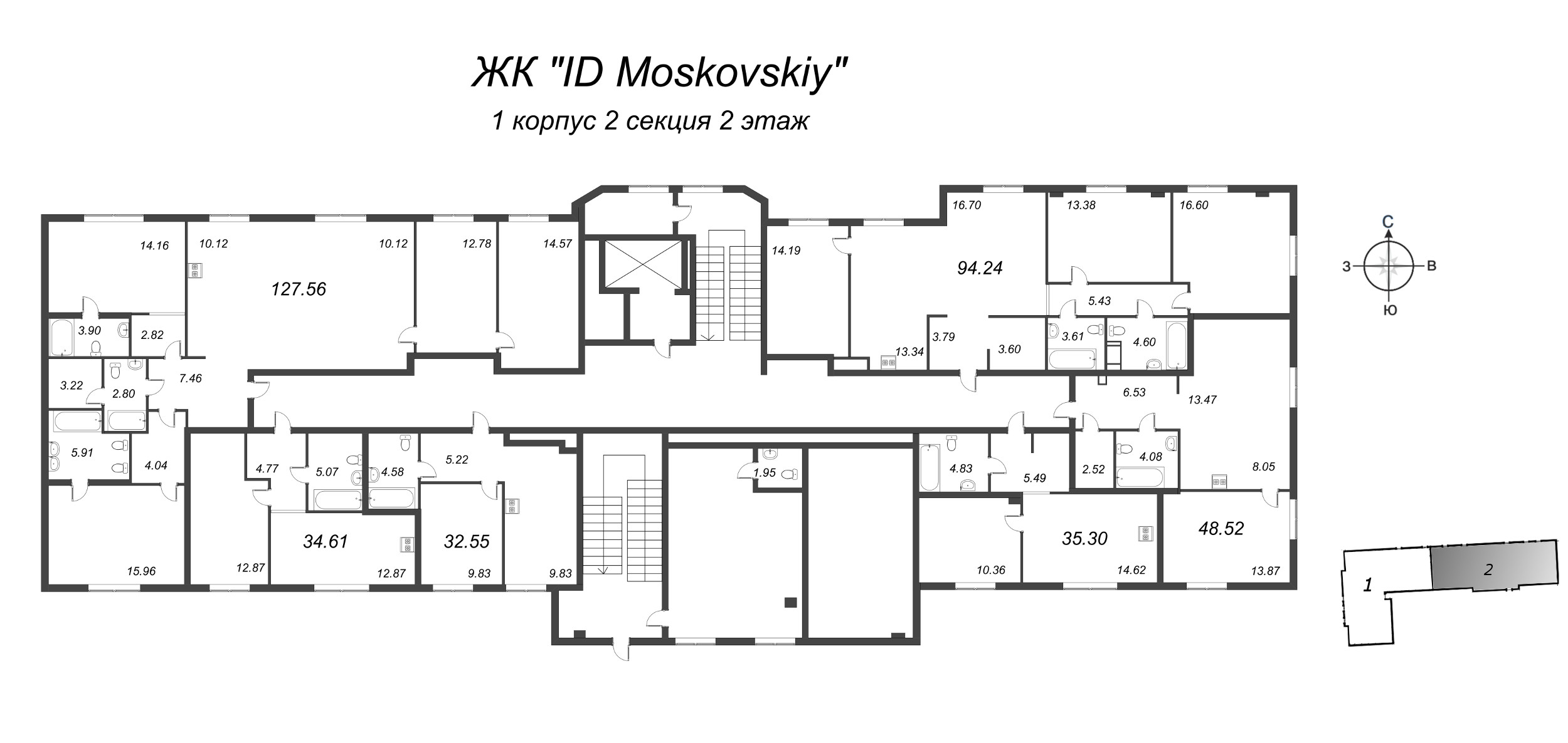 4-комнатная (Евро) квартира, 94.24 м² в ЖК "ID Moskovskiy" - планировка этажа