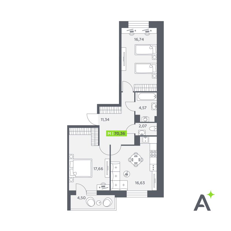 3-комнатная (Евро) квартира, 70.36 м² в ЖК "Аквилон РекаПарк" - планировка, фото №1