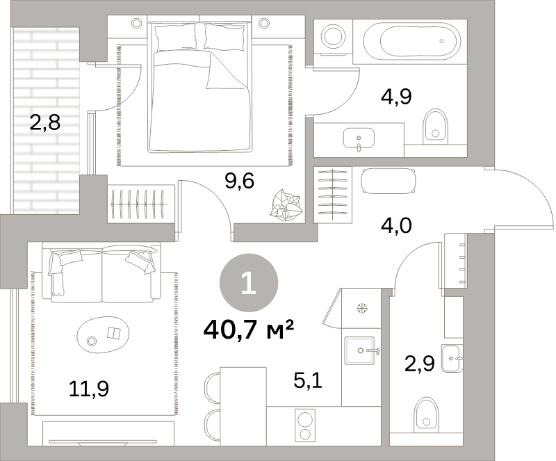 2-комнатная (Евро) квартира, 40.7 м² в ЖК "Северный ветер" - планировка, фото №1