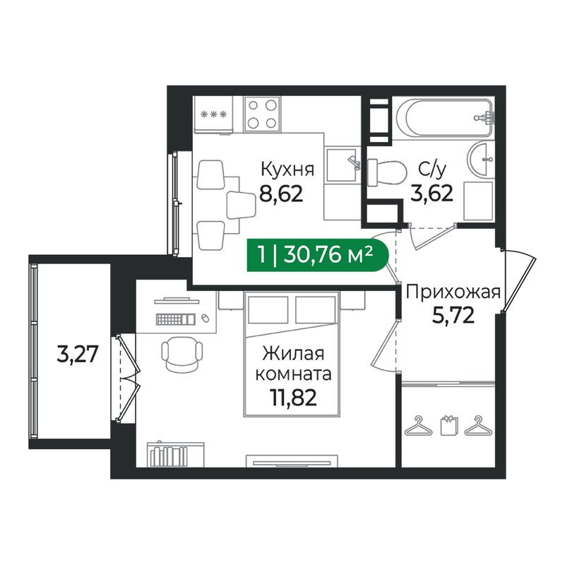 1-комнатная квартира, 30.76 м² в ЖК "Сертолово Парк" - планировка, фото №1