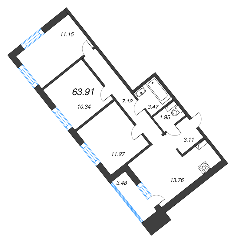 3-комнатная квартира, 63.91 м² - планировка, фото №1