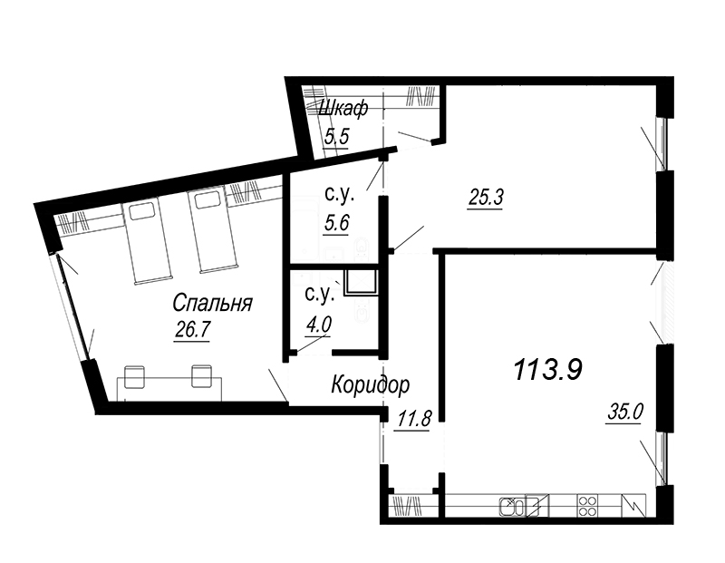 2-комнатная квартира, 116.18 м² - планировка, фото №1