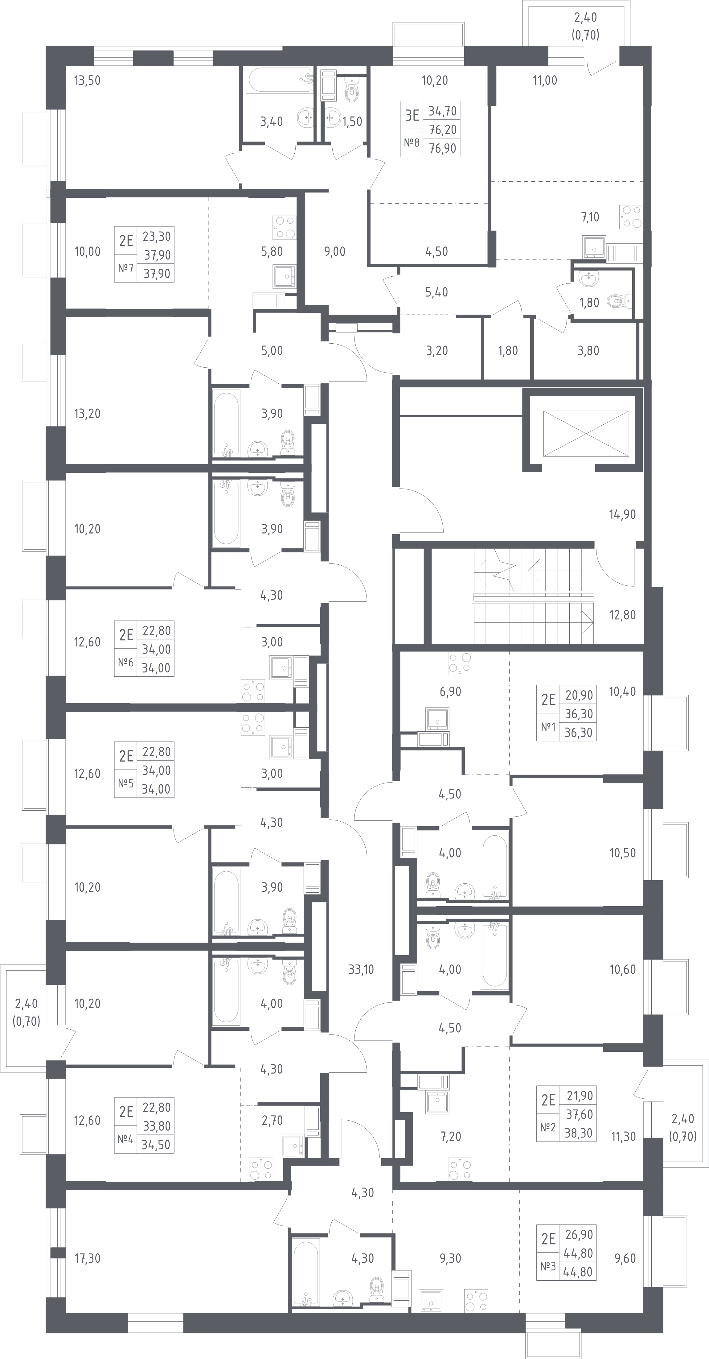 3-комнатная (Евро) квартира, 76.9 м² - планировка этажа