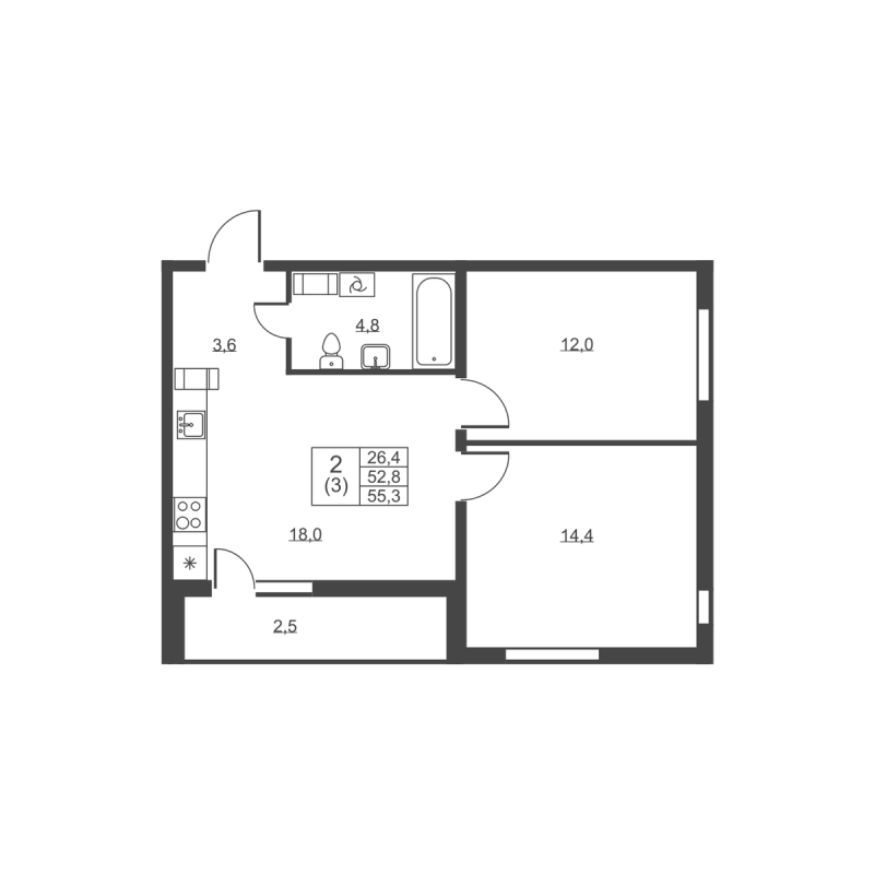 3-комнатная (Евро) квартира, 55.3 м² - планировка, фото №1