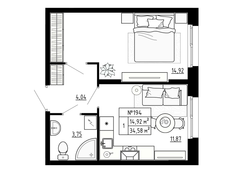 1-комнатная квартира, 34.58 м² в ЖК "Аннино Сити" - планировка, фото №1
