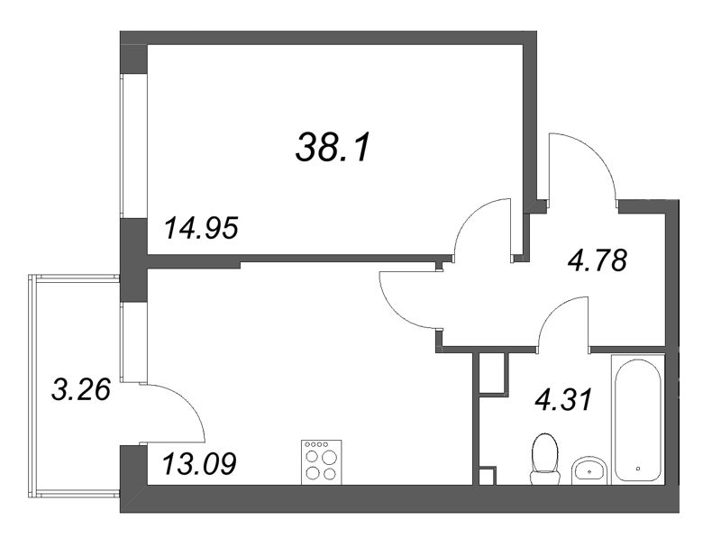 1-комнатная квартира, 38.1 м² в ЖК "Охтинские высоты" - планировка, фото №1