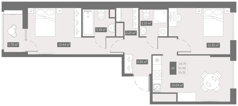 2-комнатная квартира, 55.31 м² - планировка, фото №1