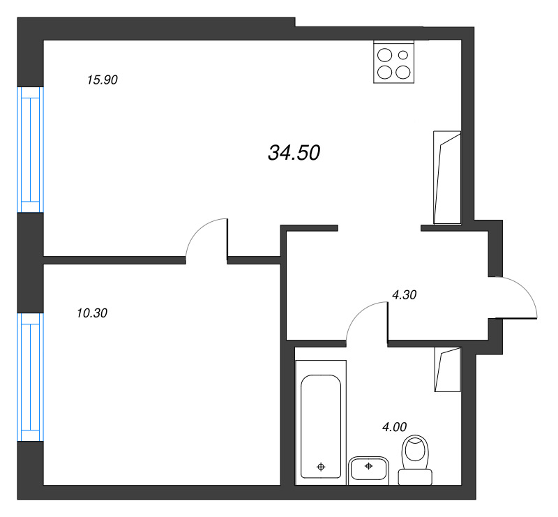 2-комнатная (Евро) квартира, 34.5 м² в ЖК "Струны" - планировка, фото №1