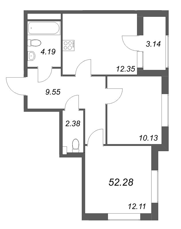 2-комнатная квартира, 52.28 м² в ЖК "Гранат" - планировка, фото №1