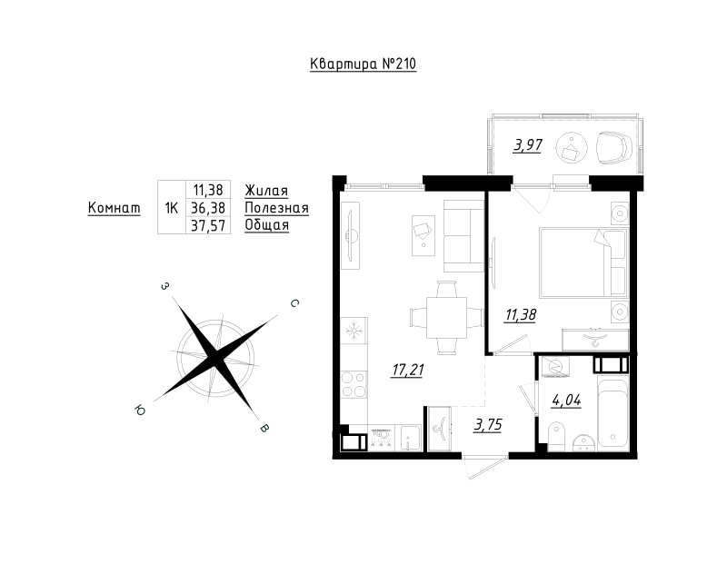 2-комнатная (Евро) квартира, 37.73 м² в ЖК "Счастье 2.0" - планировка, фото №1