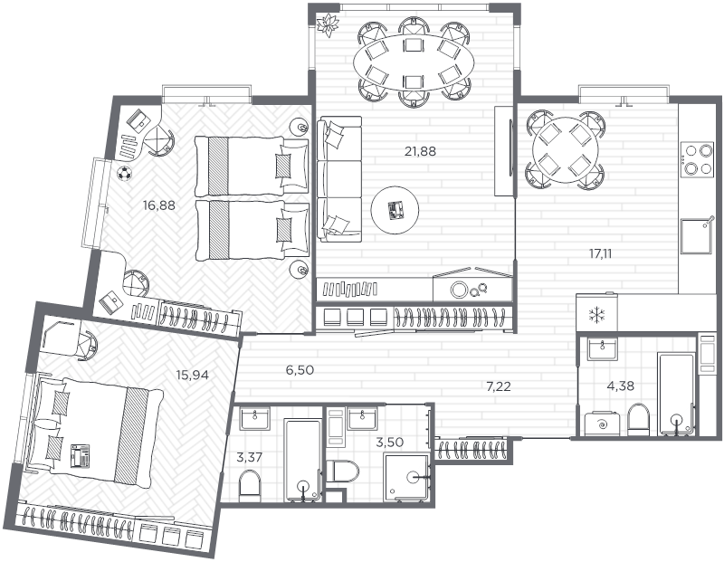 4-комнатная (Евро) квартира, 96.78 м² в ЖК "BAKUNINA 33" - планировка, фото №1