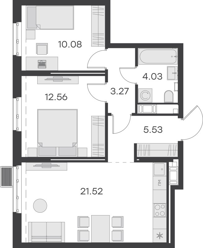 3-комнатная (Евро) квартира, 56.99 м² - планировка, фото №1