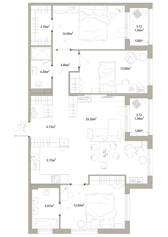 4-комнатная (Евро) квартира, 101.36 м² в ЖК "Тишин" - планировка, фото №1