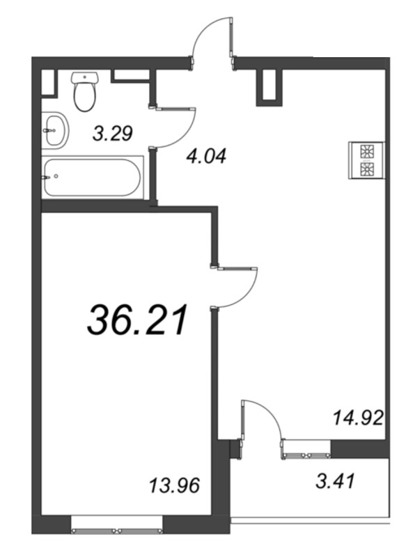 2-комнатная (Евро) квартира, 36.21 м² в ЖК "Чёрная речка от Ильича" - планировка, фото №1