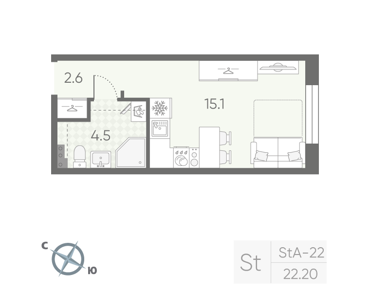 Квартира-студия, 22.2 м² в ЖК "Пулково Lake" - планировка, фото №1
