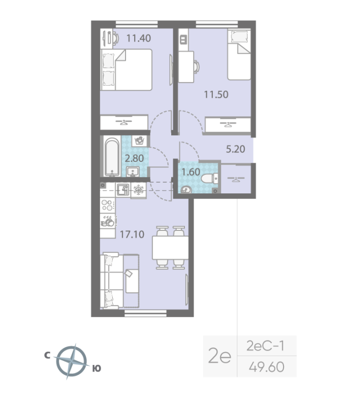 3-комнатная (Евро) квартира, 49.6 м² в ЖК "ЛСР. Ржевский парк" - планировка, фото №1