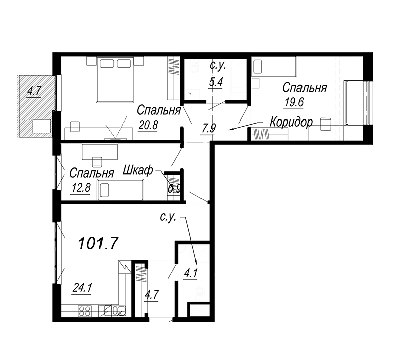 3-комнатная квартира, 99.6 м² - планировка, фото №1
