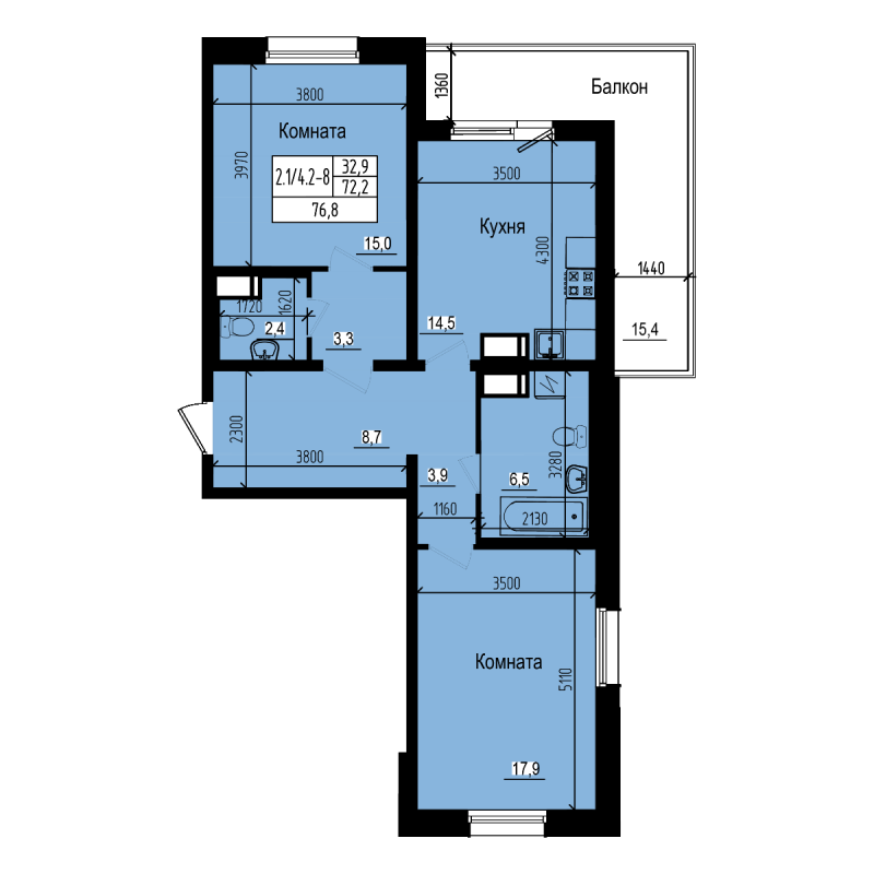 2-комнатная квартира, 76.8 м² в ЖК "ПРАГМА city" - планировка, фото №1