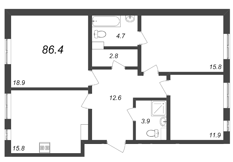 3-комнатная квартира, 86.4 м² - планировка, фото №1