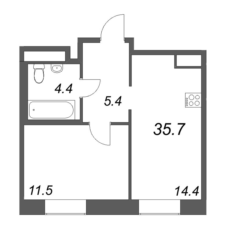 1-комнатная квартира, 35.9 м² - планировка, фото №1