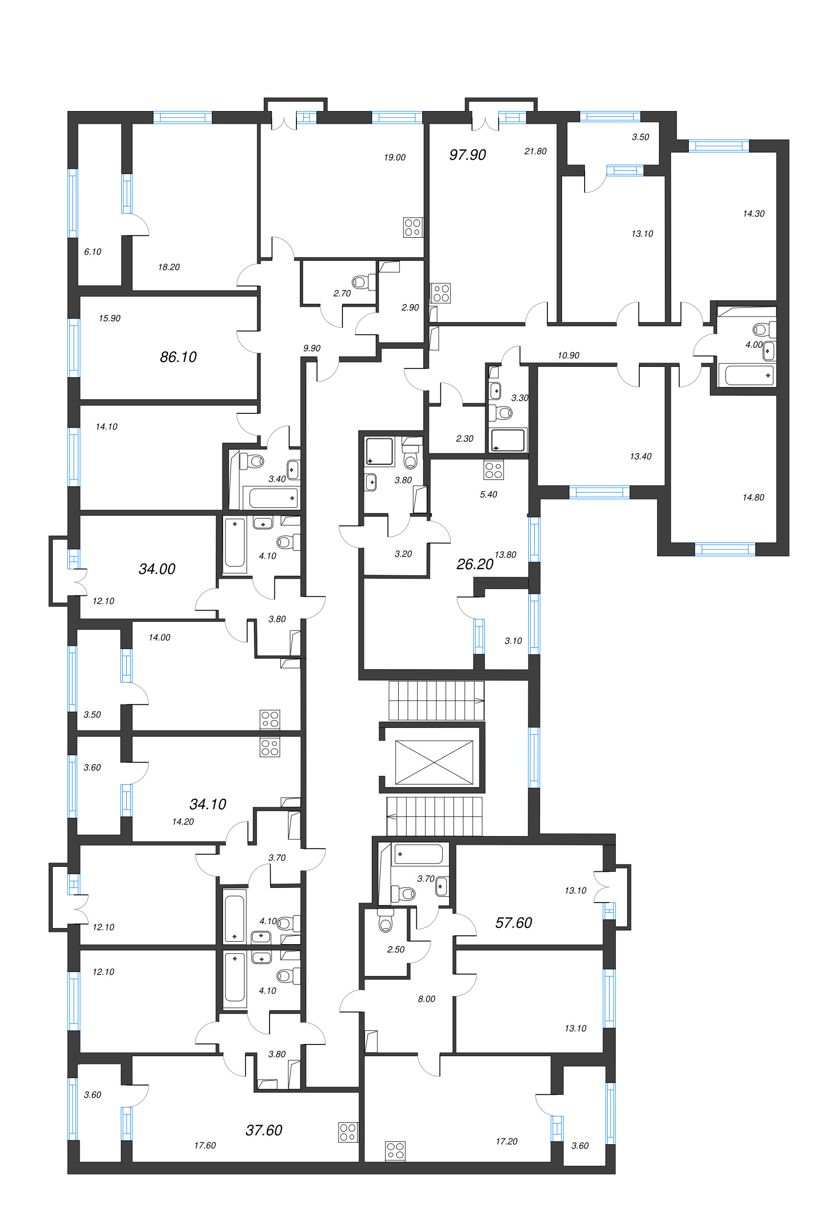 5-комнатная (Евро) квартира, 97.9 м² в ЖК "Дубровский" - планировка этажа