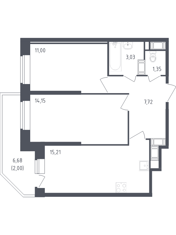 3-комнатная (Евро) квартира, 54.46 м² в ЖК "Живи! В Рыбацком" - планировка, фото №1