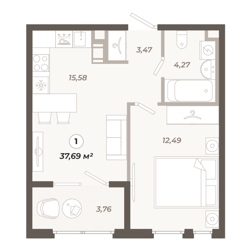2-комнатная (Евро) квартира, 37.69 м² в ЖК "Знатный" - планировка, фото №1