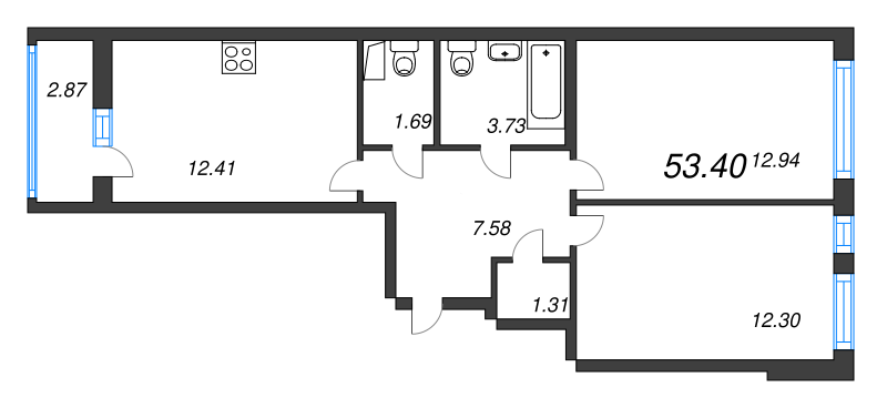 2-комнатная квартира, 53.4 м² - планировка, фото №1