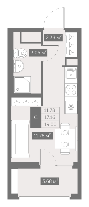 Квартира-студия, 19 м² - планировка, фото №1